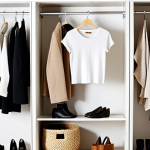 **Image Prompt:** A well-organized, minimalist capsule wardrobe featuring neutral-colored clothing items (white t-shirts, blue jeans, a black dress, beige sweater) neatly hung and folded in a bright, airy closet. Include simple accessories like a scarf and a belt. The overall aesthetic should be clean, stylish, and approachable.