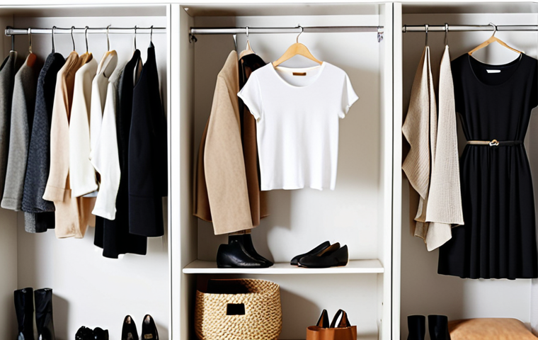 **Image Prompt:** A well-organized, minimalist capsule wardrobe featuring neutral-colored clothing items (white t-shirts, blue jeans, a black dress, beige sweater) neatly hung and folded in a bright, airy closet. Include simple accessories like a scarf and a belt. The overall aesthetic should be clean, stylish, and approachable.
