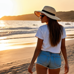 **Image Prompt:** A young woman in a white basic t-shirt and denim shorts strolling on a beach at sunset. She's wearing a wide-brimmed hat and sunglasses. Soft, warm lighting.